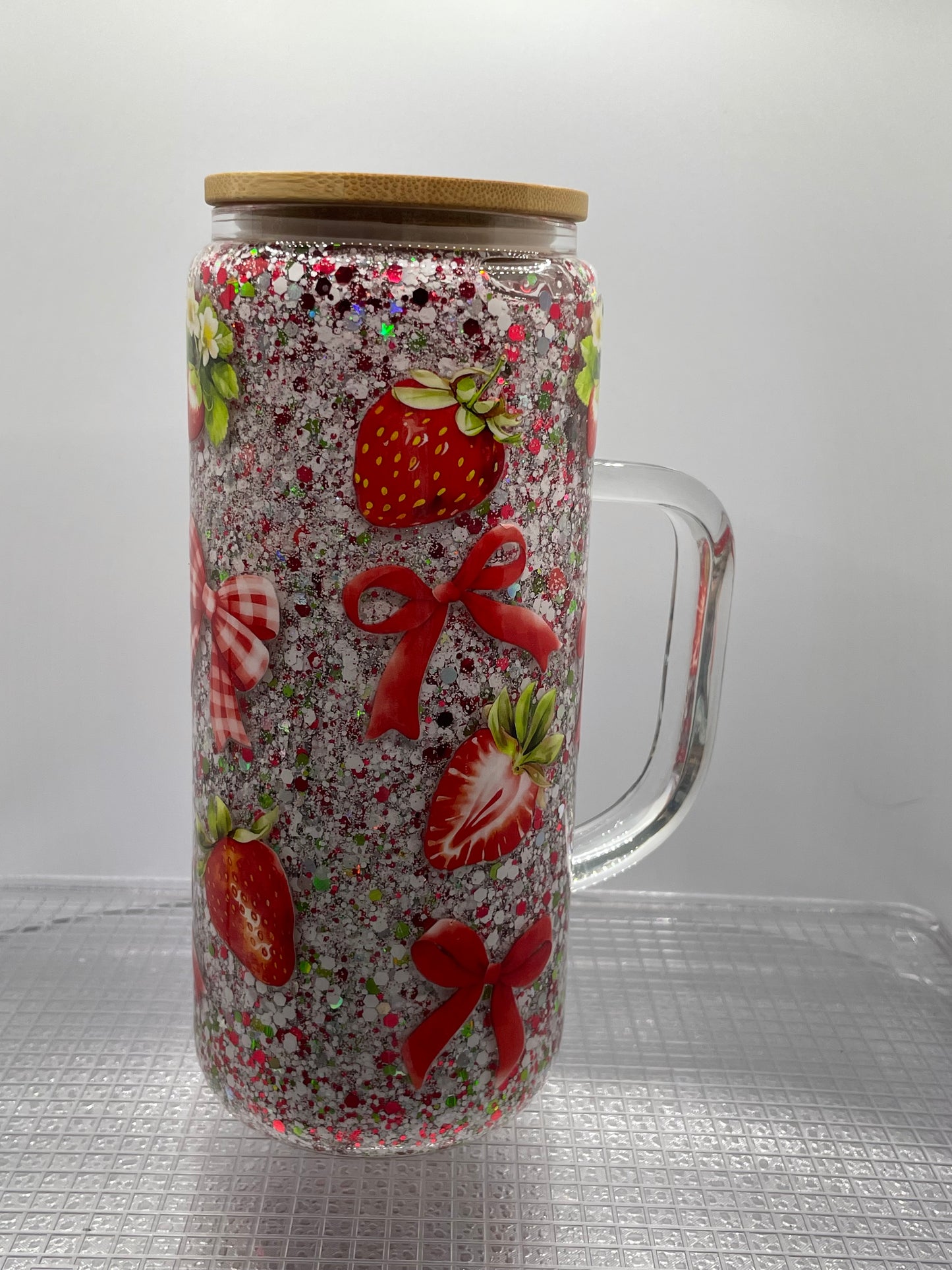 Strawberry and Red Ribbon 20oz Glass Tumbler with Handle
