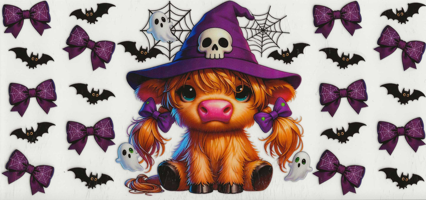 Halloween - (2) Highland cow with purple witches hat