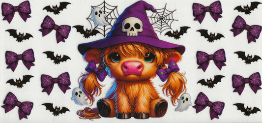 Halloween - (2) Highland cow with purple witches hat