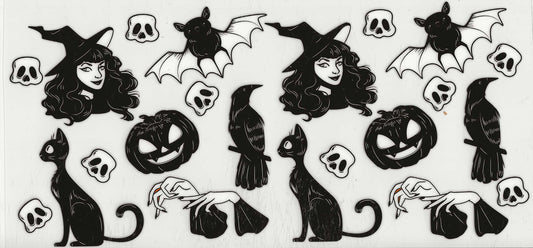 Halloween - (4) Witch, cat, pumpkin, and bat