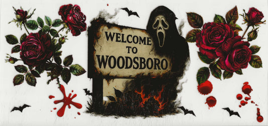 Horror - Welcome to Woodsboro sign with Ghostface on side (17)