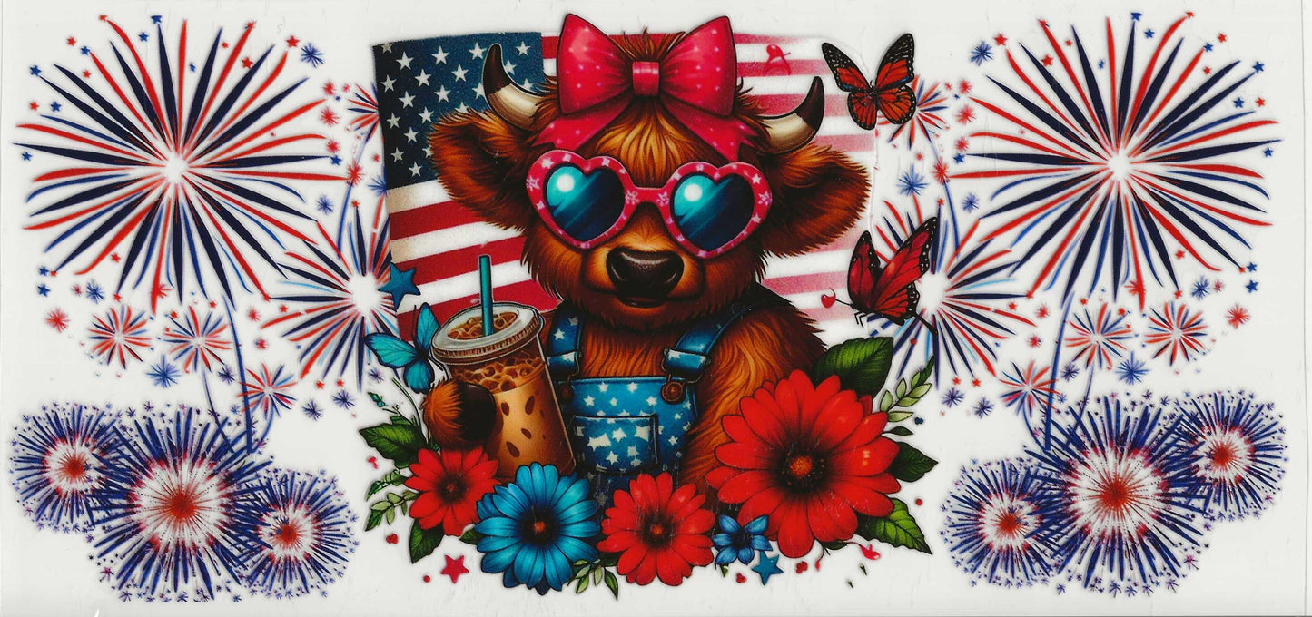 Patriotic 36 - Highland Cow with fireworks