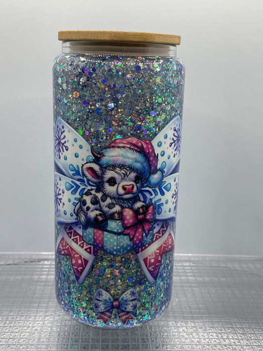 Christmas Baby Cow Blue and Pink Ribbon 20oz Glass Tumbler