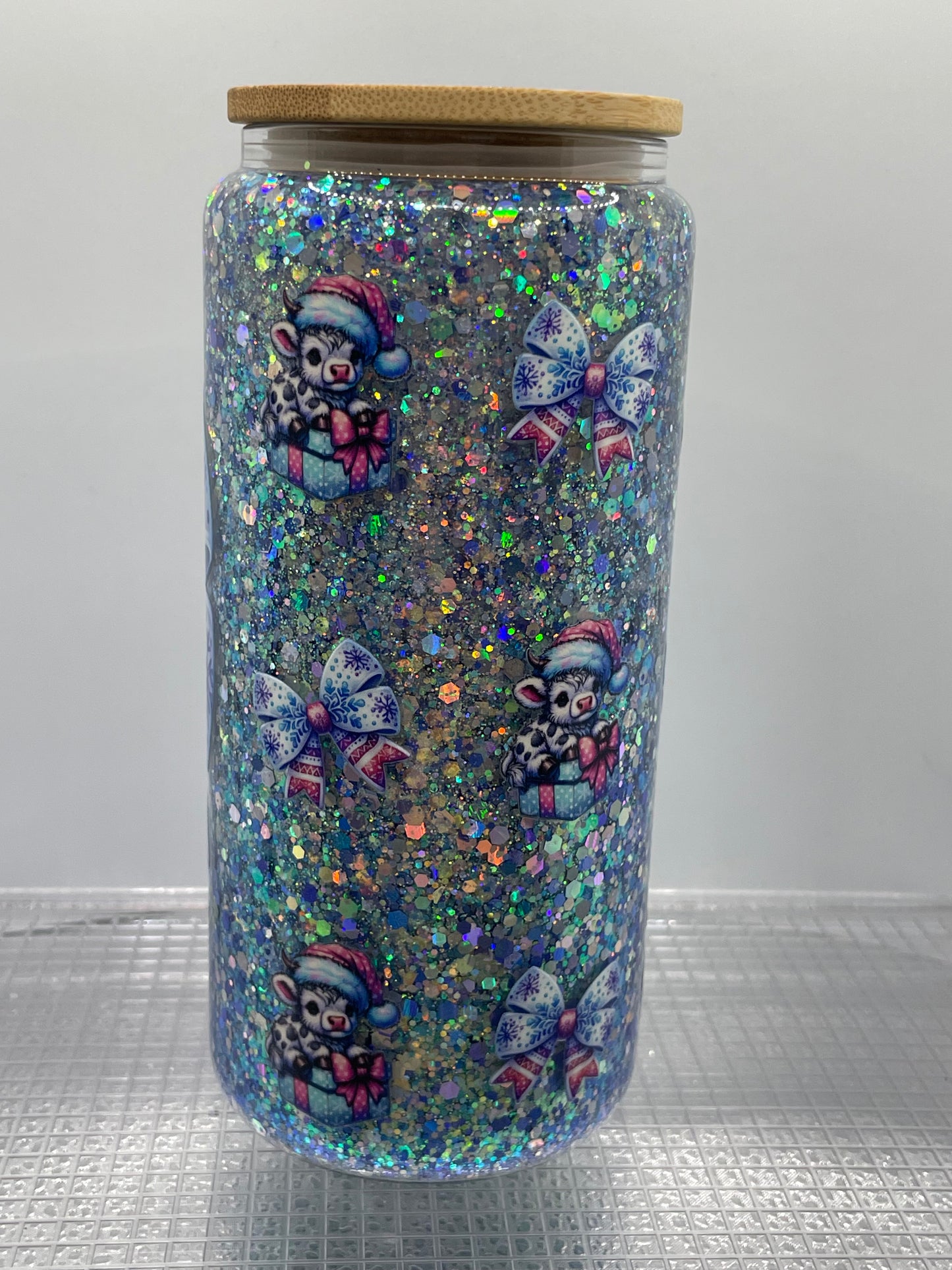 Christmas Baby Cow Blue and Pink Ribbon 20oz Glass Tumbler