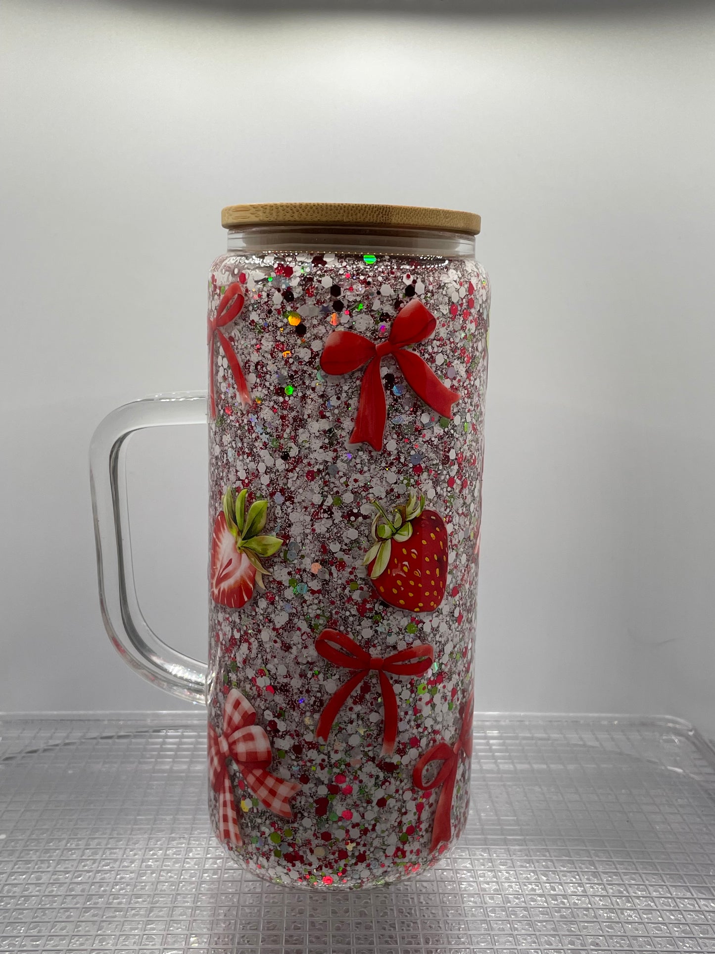 Strawberry and Red Ribbon 20oz Glass Tumbler with Handle
